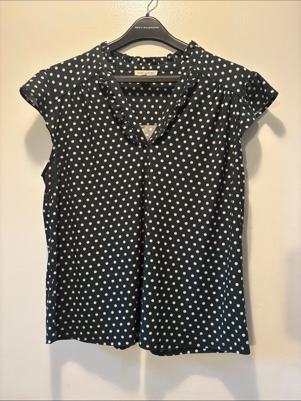 Faith and Joy Green and White Polka Dot V-Neck Cap Sleeve Blouse
